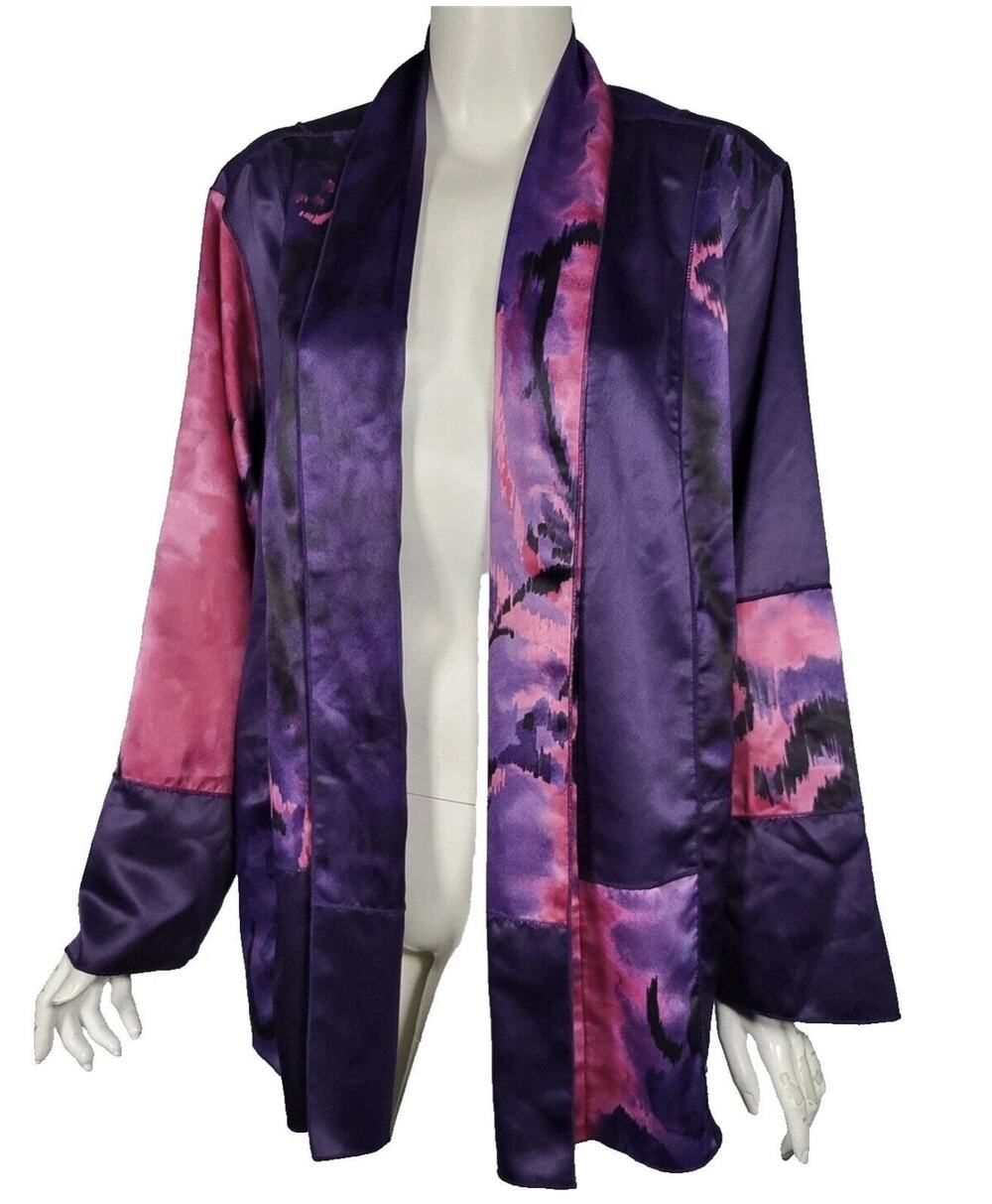 CHICOS Travelers Purple Fuchsia Print Satin Open Front Kimono Jacket sz 2 Large